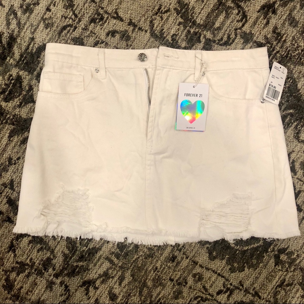 Forever 21 White Distressed Denim Mini Skirt